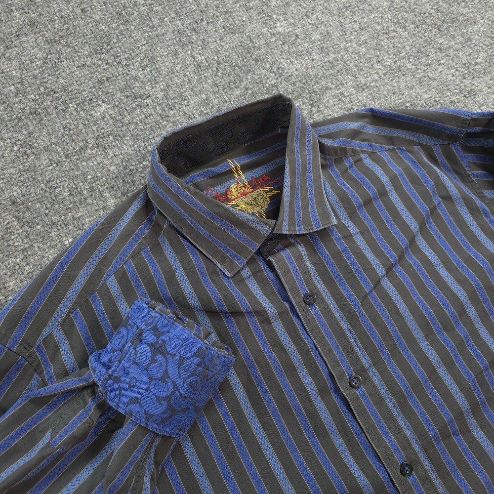 Robert Graham Shirt Mens Large Blue Stripe Flip Cuff Casual Party Dress Preppy‎